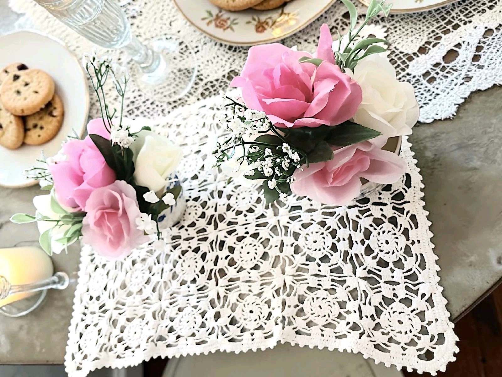 Dainty Pink White Roses Floral Arrangement Tea Party Cup POP-IN Birthday Bridal