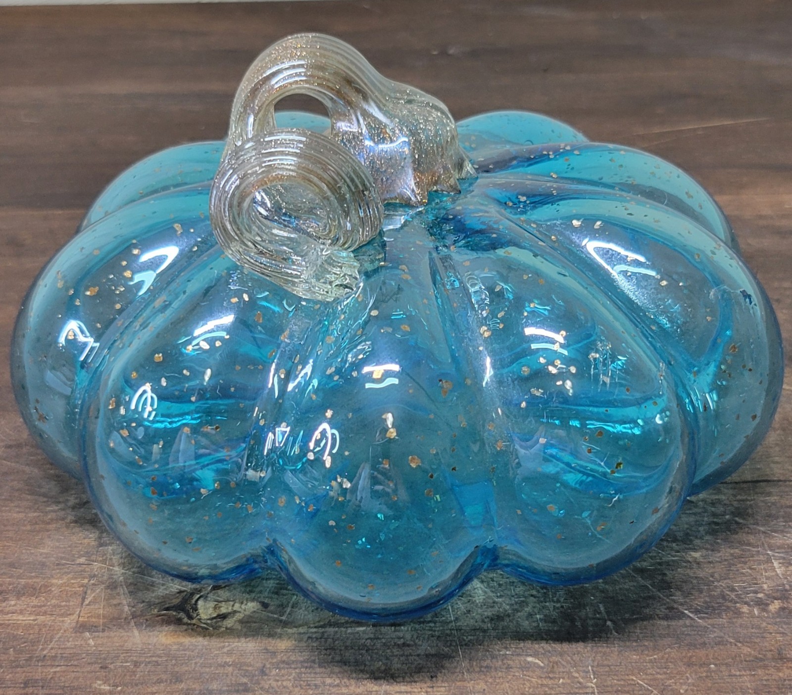 Glitzhome Blue Art Glass Pumpkin Metallic Stem Accent Fairy Fall Decor Gourd 8″