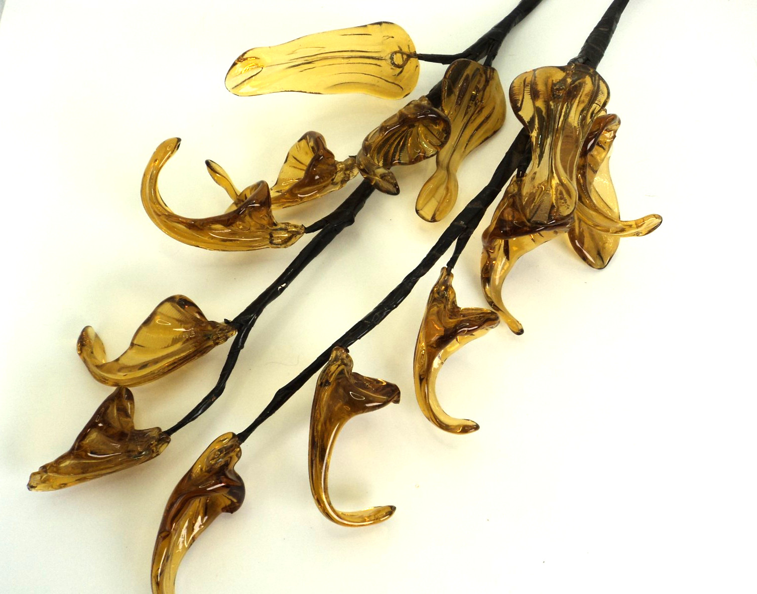 Pair of Vintage Amber Blown Glass Stalks of Flowers