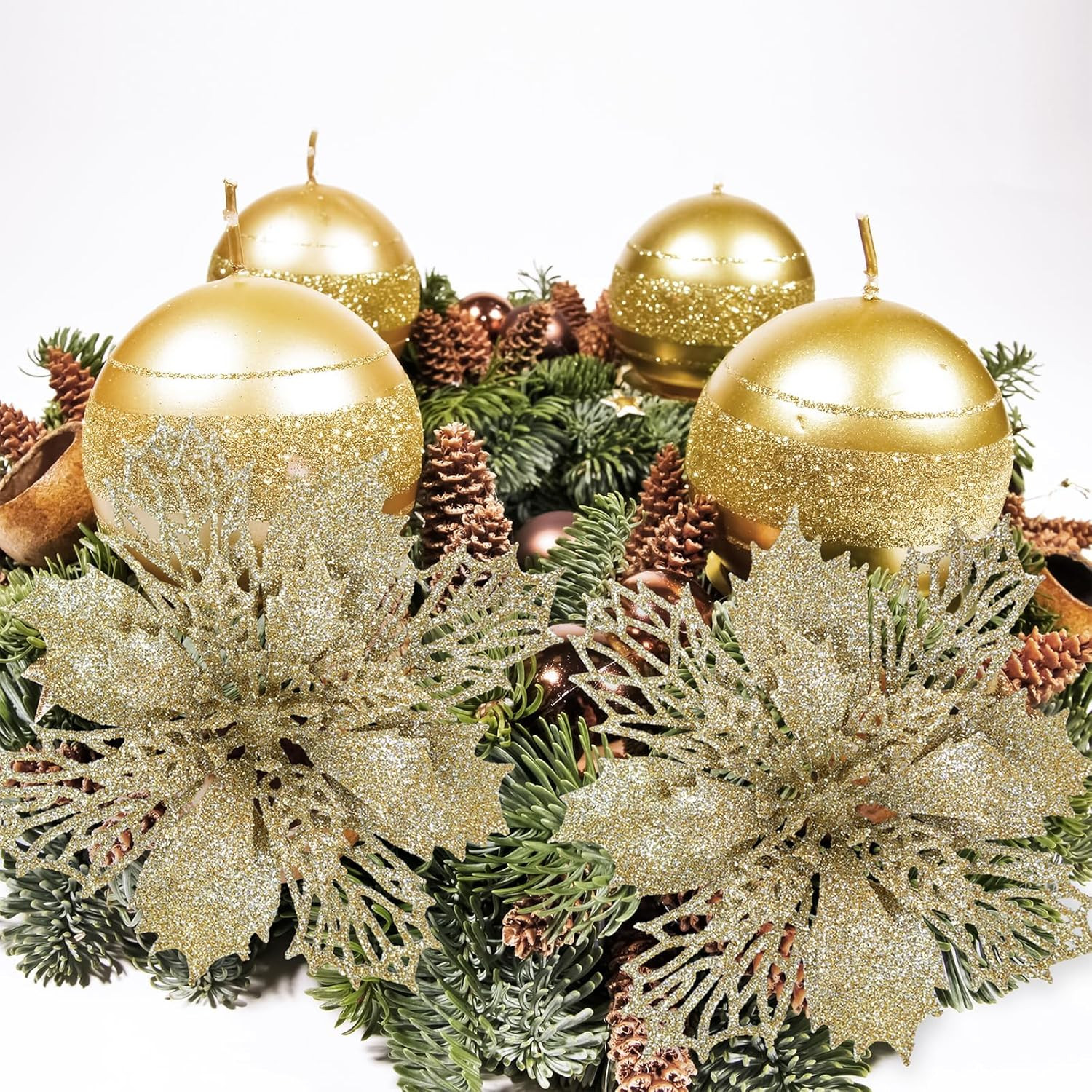 24 Pcs Champagne Glitter Poinsettia Picks 5.9” w/ Stems Tree Wreath Garland Xmas