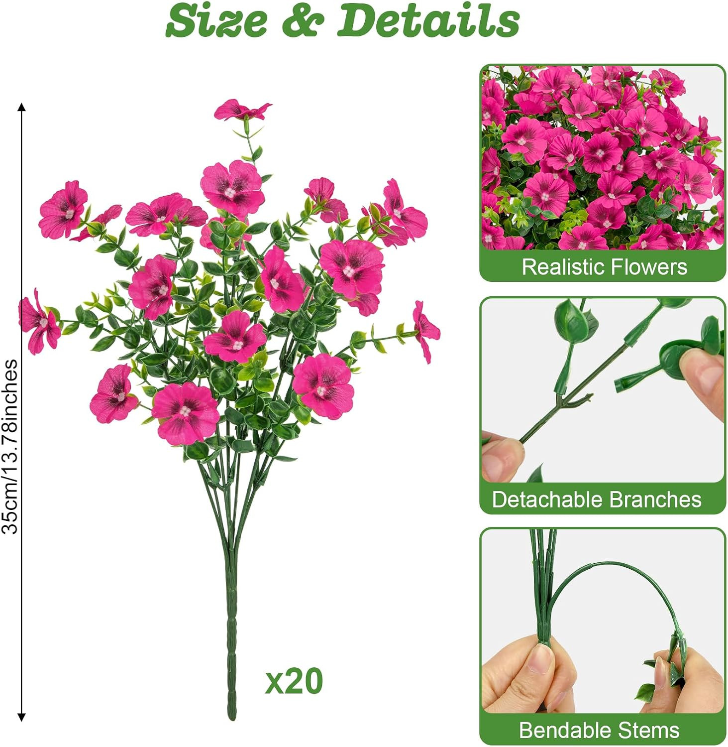 20 Bundles Artificial Flowers for Outdoors, Fake Silk Flowers with Fuchsia