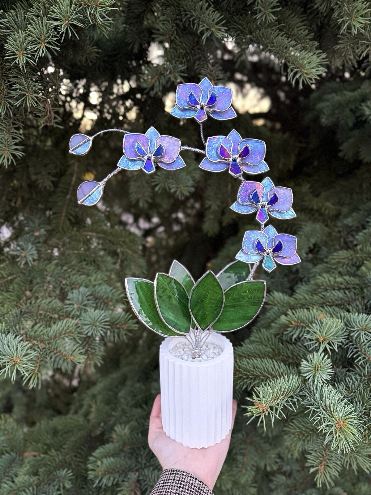 Stained Glass 3D Orchid Lavender irid, 5 Flowers In A Pot, Table Decor