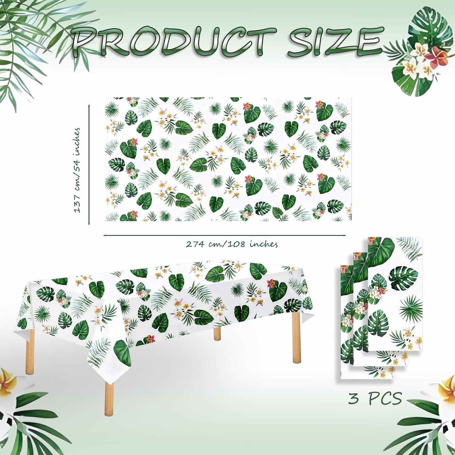 Hawaiian Luau Party Tablecloths(3 Packs), 108X54 Inch Tropical Palm Leaves Table