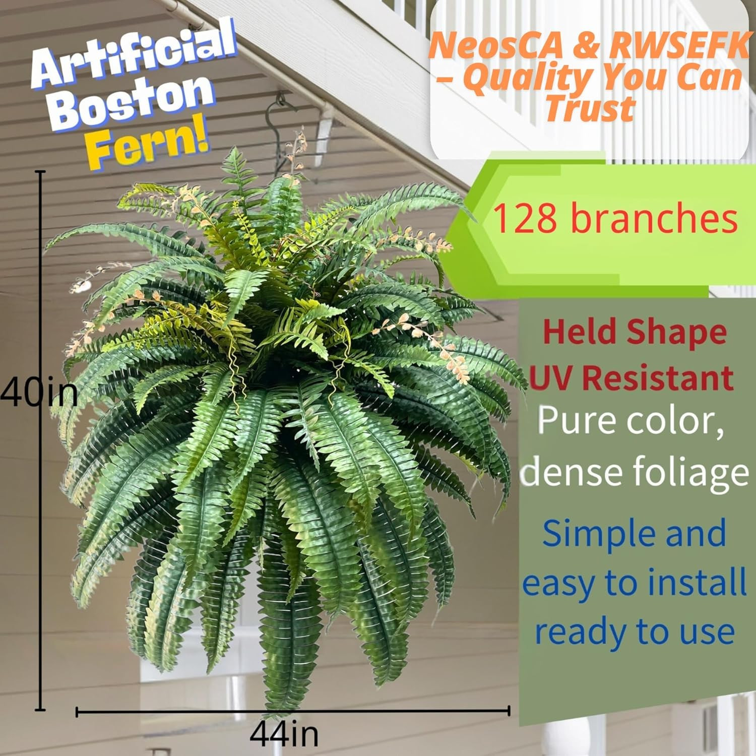 Lifelike Giant Boston Ferns for Outdoors – UV Resistant Faux Plants, 128 Branche