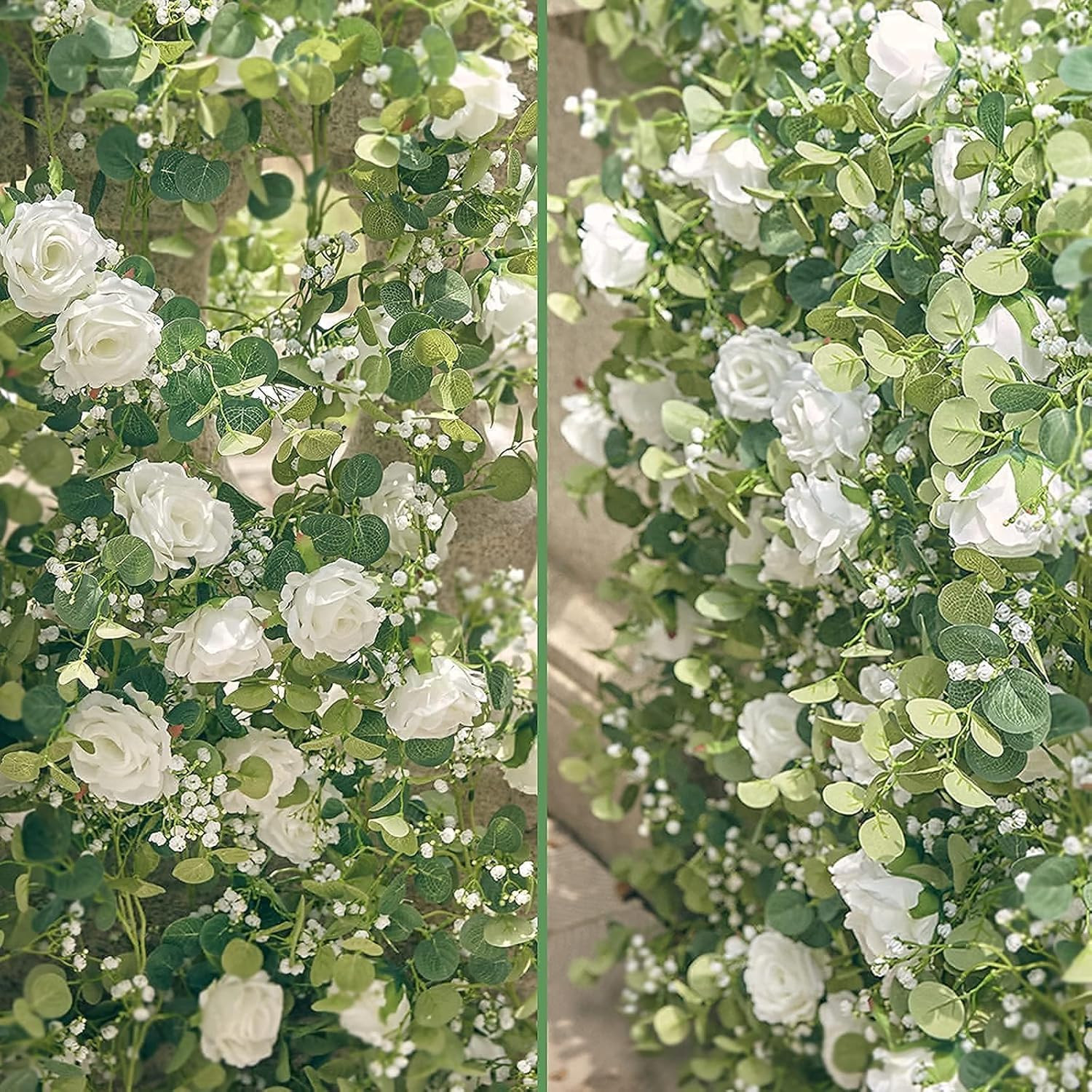 5.91FT Artificial Eucalyptus Garland with Flowers, Fake Flower Rose Gypsophila,