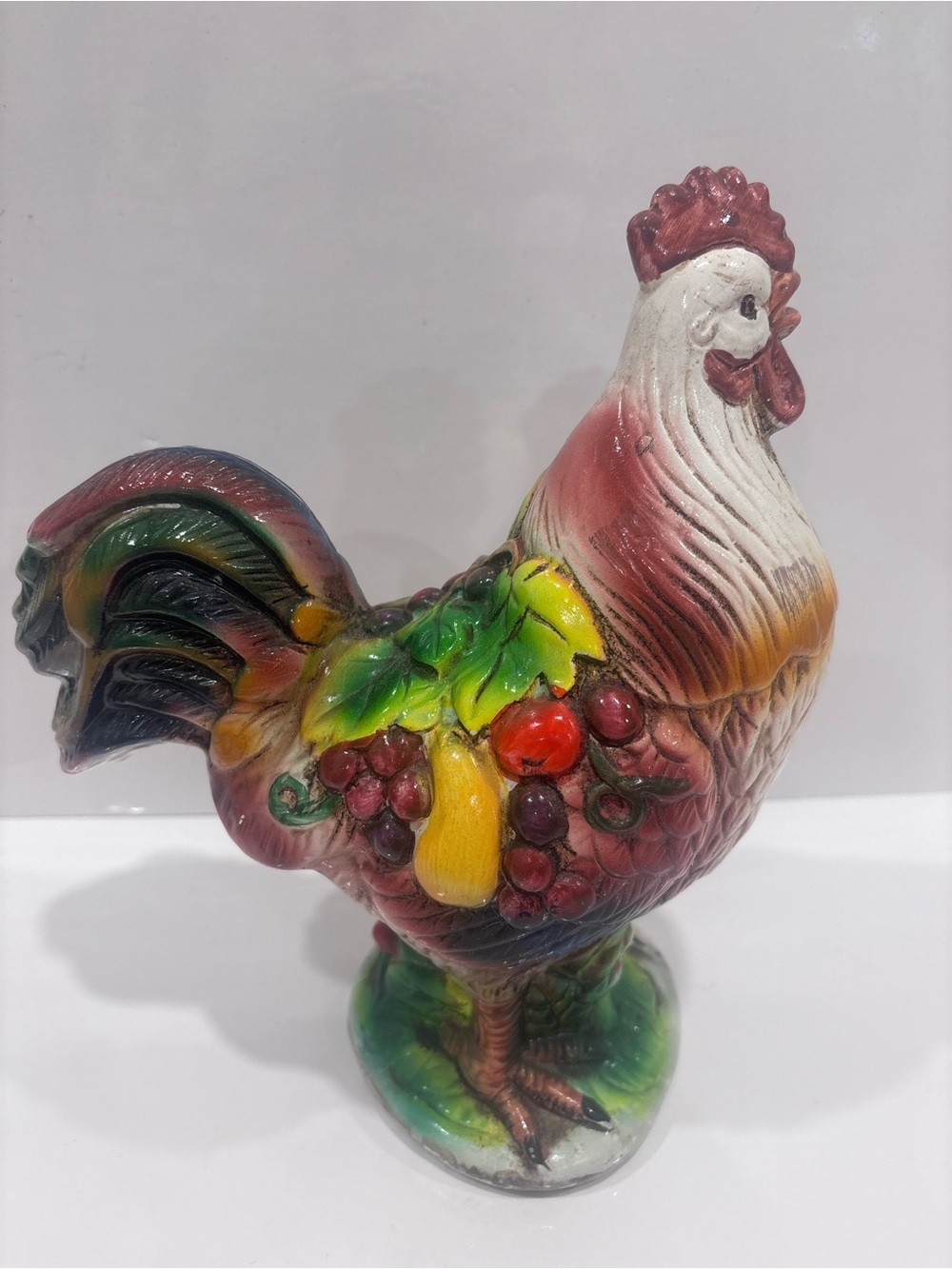 Vintage Ceramic Rooster Figurine Fruit Decor Hand Painted Farmhouse Country 9.5”