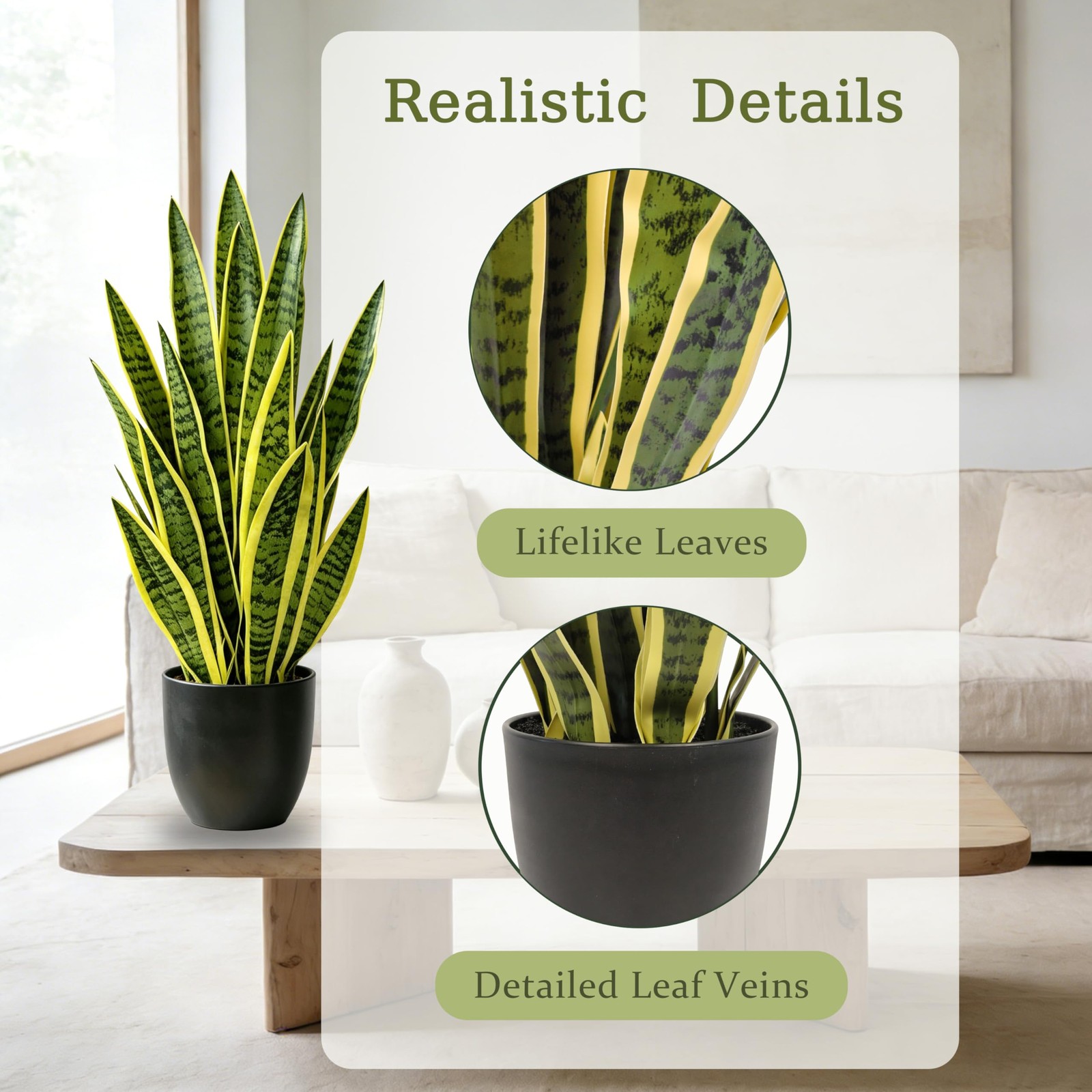 Artificial Snake Plant 2.3FT-2PCS, 27” Sansevieria Plant with Black Pot, Low…