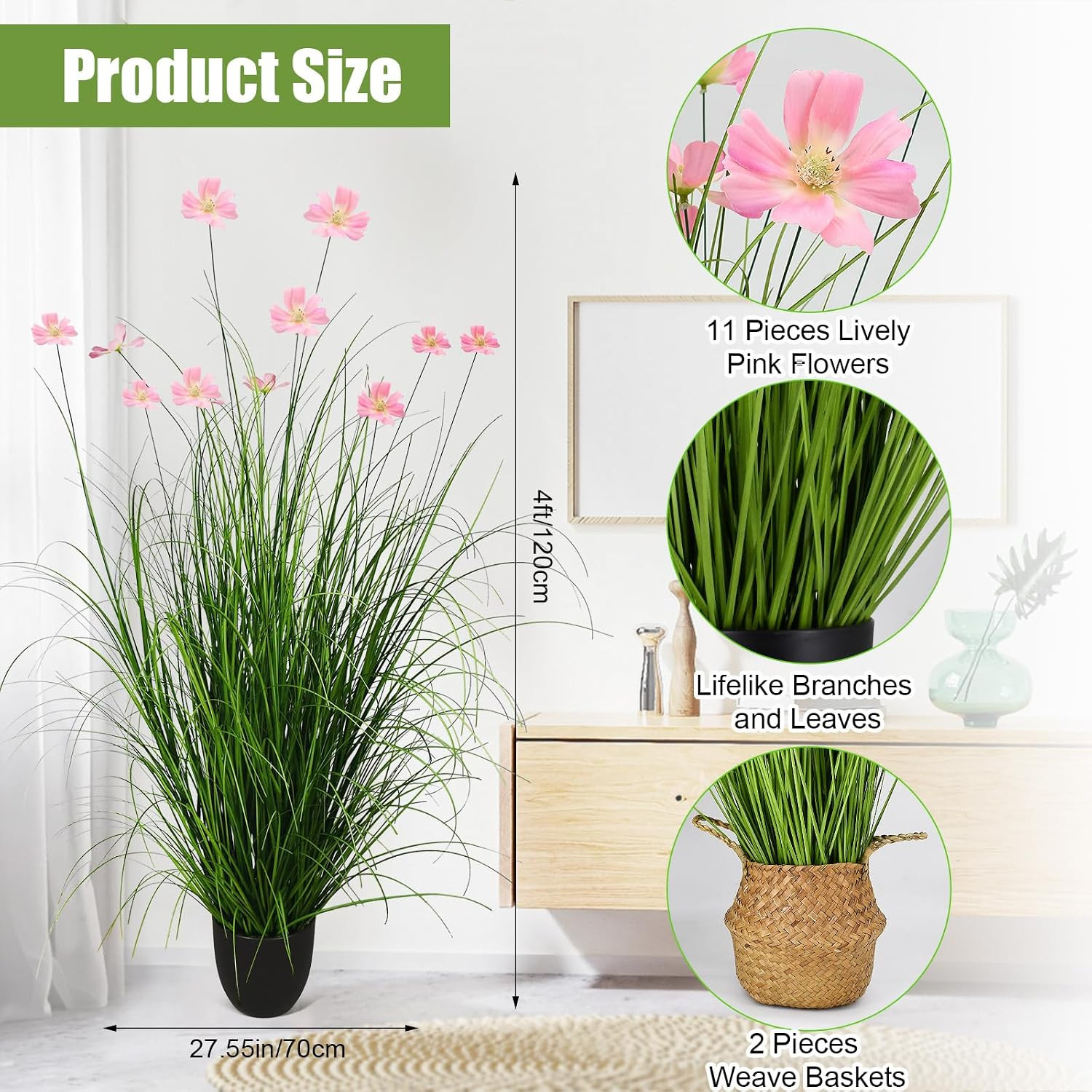 2 Pack 47In/4Ft Artificial Grass with Fake Flowers Faux Plants Outdoor Indoor Ta