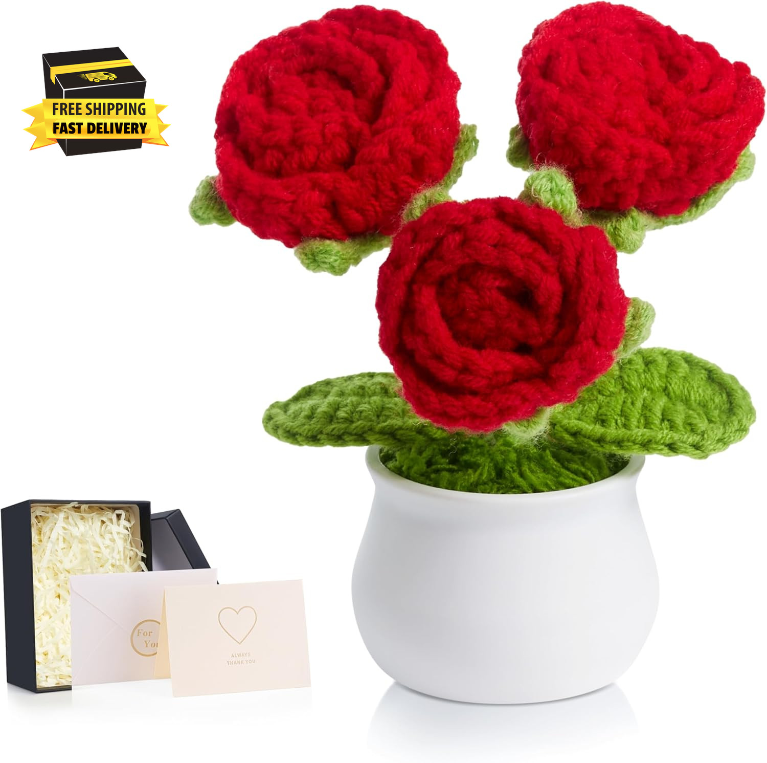 Crochet Flowers Red Roses Mini Potted, Handmade Red Rose Anniversary Appreciatio