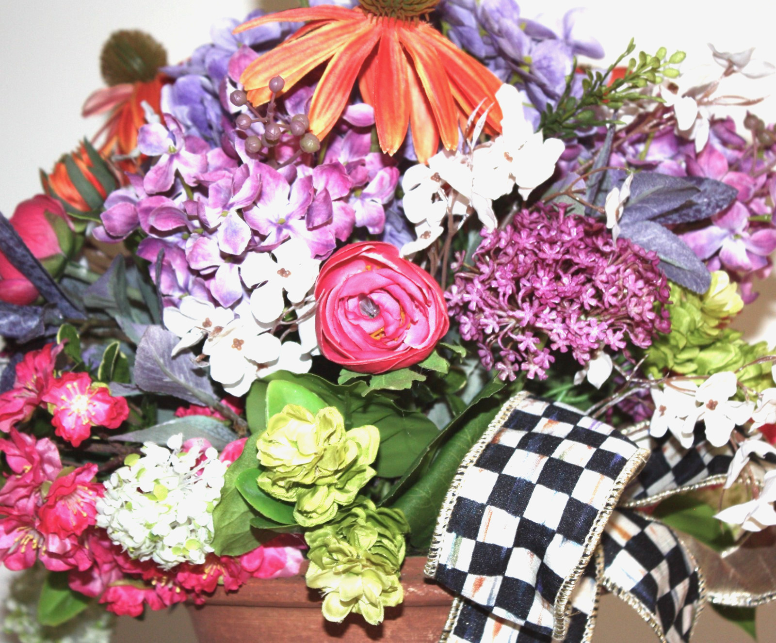 Faux Floral Arrangement Potted in G. Wolff Planter With Mackenzie Childs Bow!