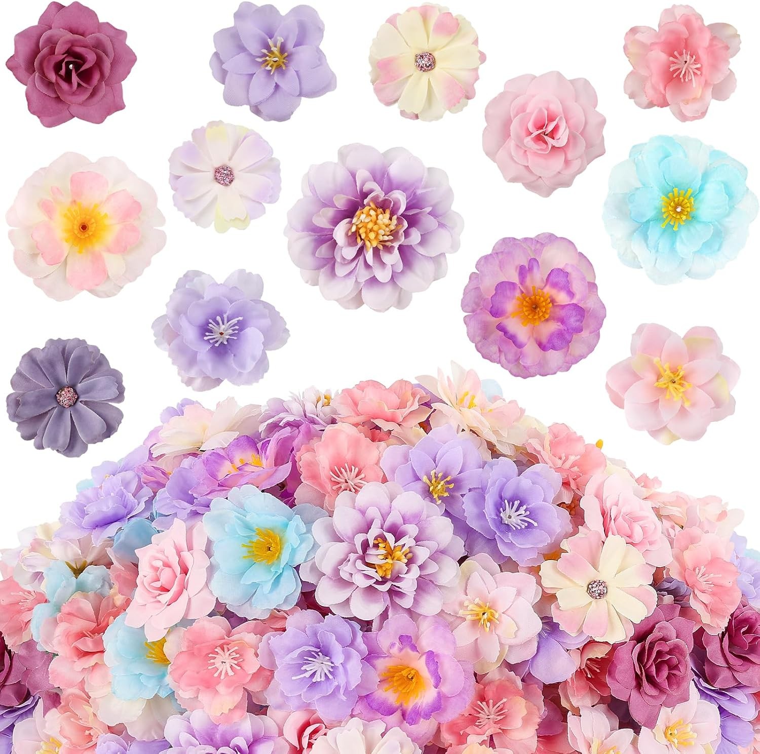 210 Pcs Mini Silk Flower Heads, Faux Rose Daisy Sunflower Bulk Crafts