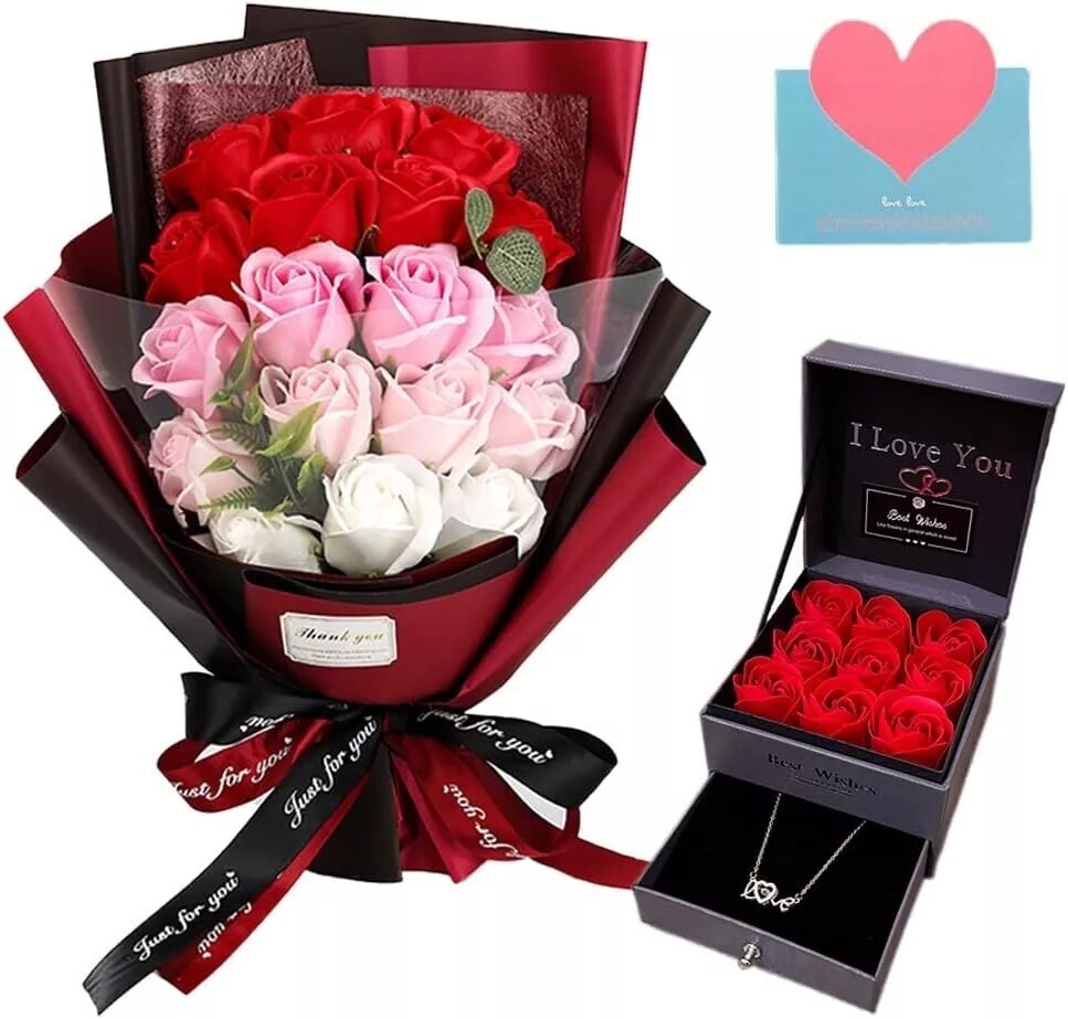 Artificial Red Rose Bouquet with Love Necklace Special For Mother day