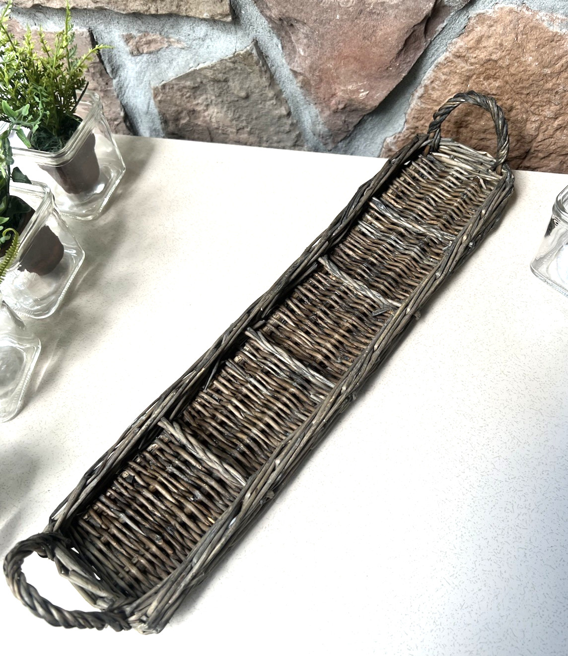 Tabletop Garden Mini Faux Fern Clay Pots With Rattan Wicker Tray & 5 Glass Vases