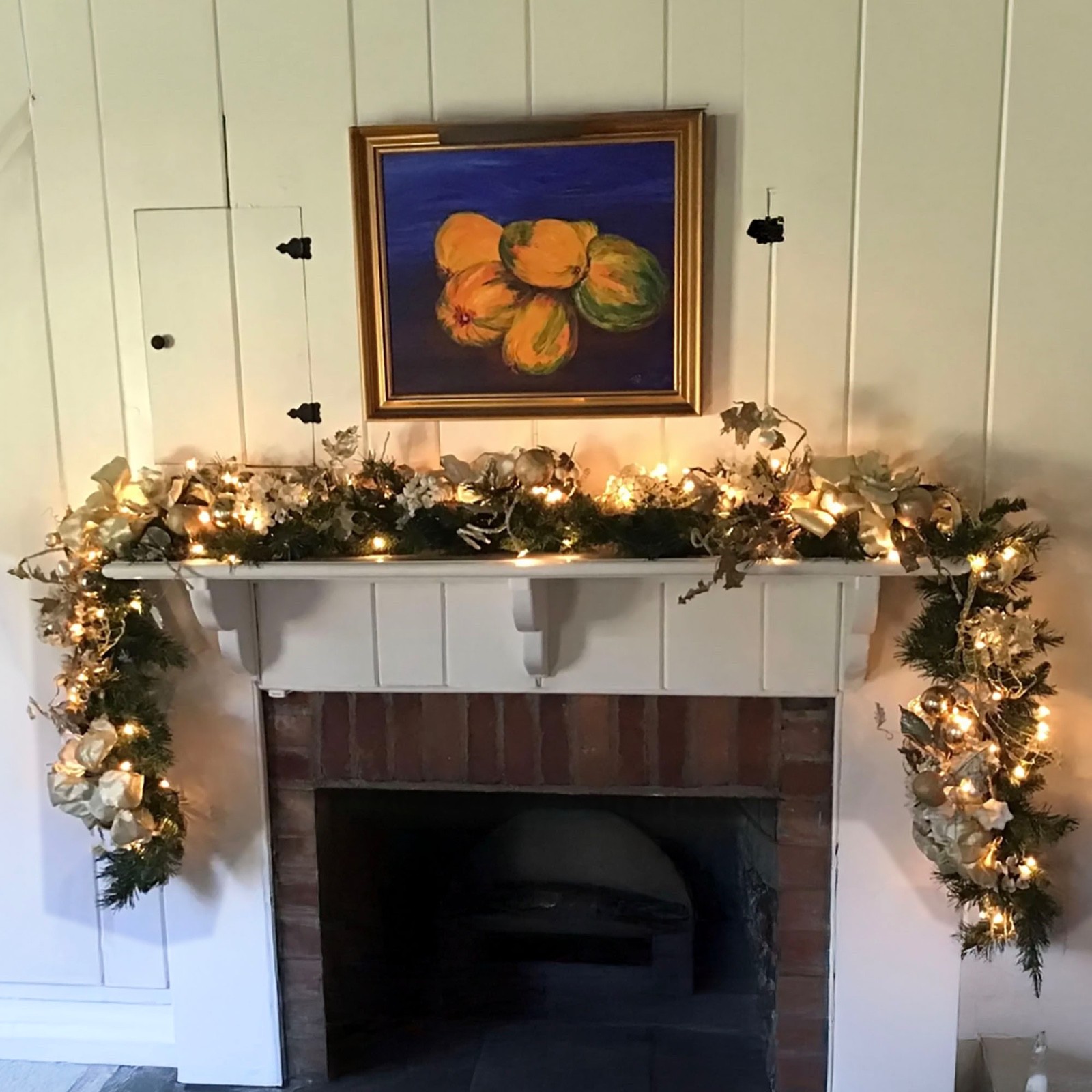 Holiday Swag with white silk Magnolias Hydrengeas Silver Glass Bubbles Gold