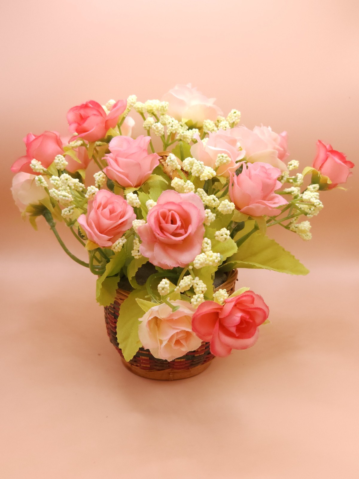 Romantic Pink Rose & Baby’s Breath Faux Floral Arrangement in Woven Basket