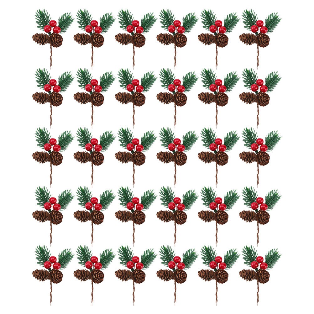 30 Pcs Artificial Pine Branches Pine Cones And Red Berry Christmas Picks Decor