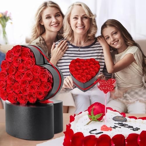 27 Fresh Preserved Roses in Heart Box – Eternal Real Flowers for Her, Anniversar