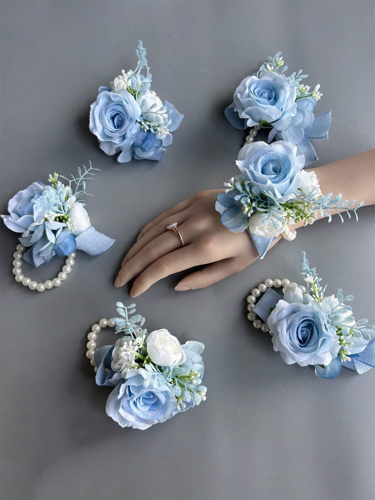 6 Pcs Artificial Rose Flower Wrist Corsage Wedding Boutonniere Party Decoration