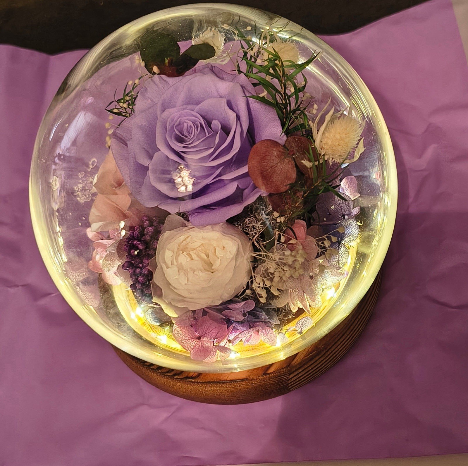 Artificial Rose Floral Arrangement Glass Dome with LED Lights, Purple White