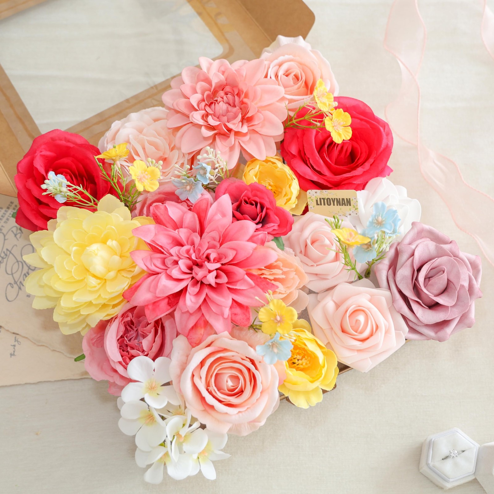 Artificial Flower Box Set Pink & Yellow Silk Flowers Rose Faux Flowers for DI…