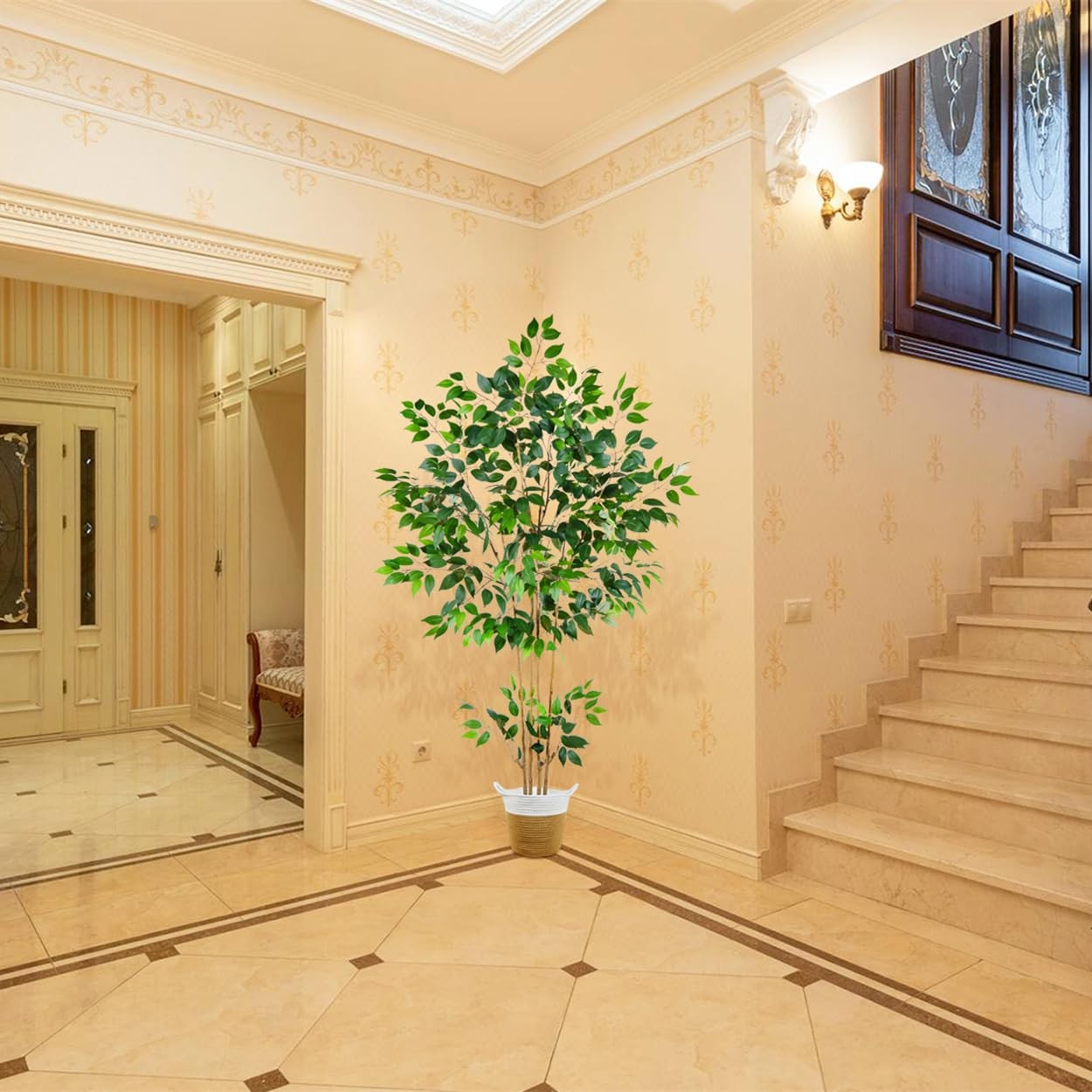 Artificial Ficus Tree, 6ft Tall Silk Fake Ficus Leaves Plant with Basket, Ind…