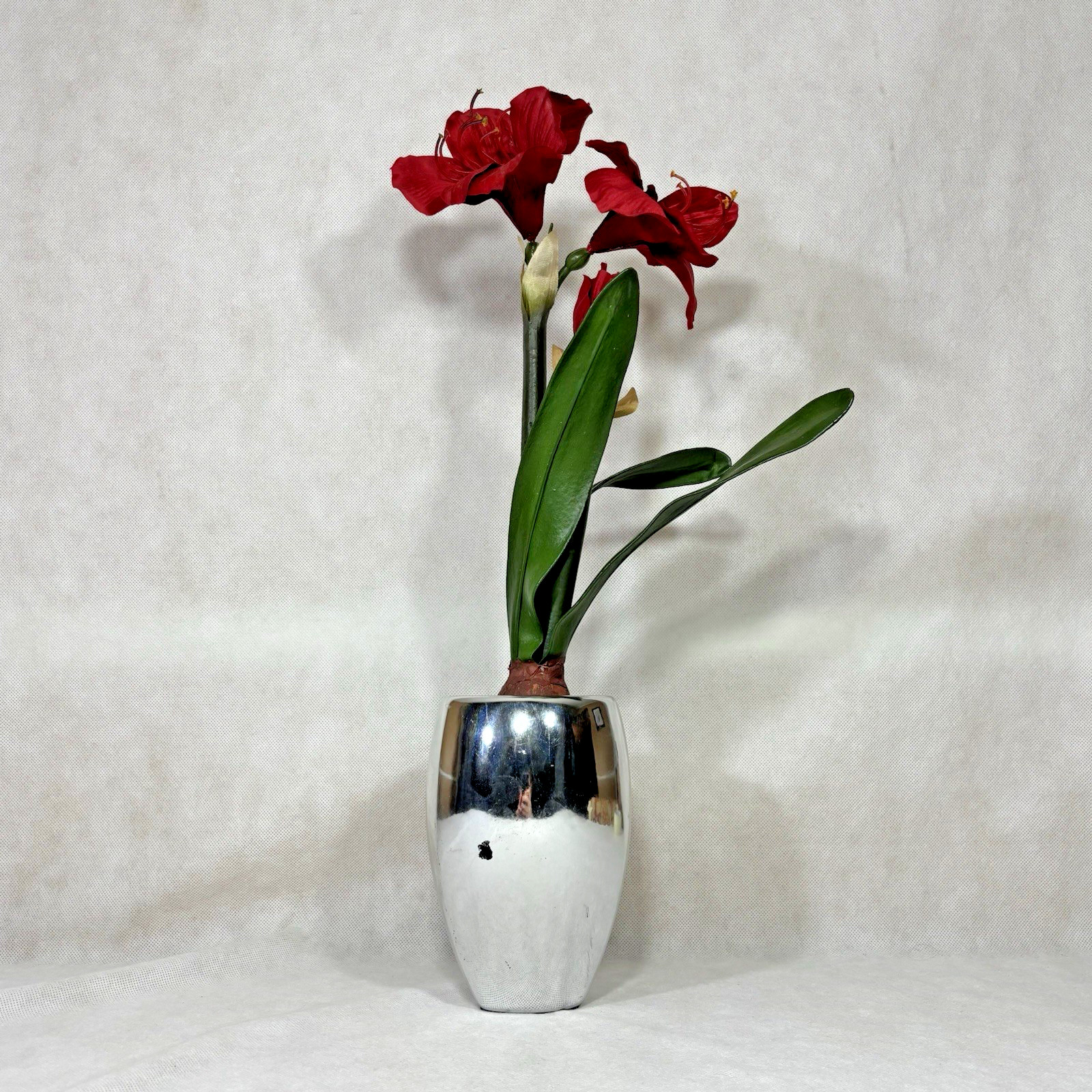 Metallic Chrome Ceramic 7″ Planter Vase w/ Faux Flower Display Floral