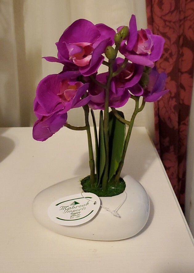 5″ × 3″ Ceramic Vase 9″ Artificial Orchids w 8 dark pink flowers, very realistic