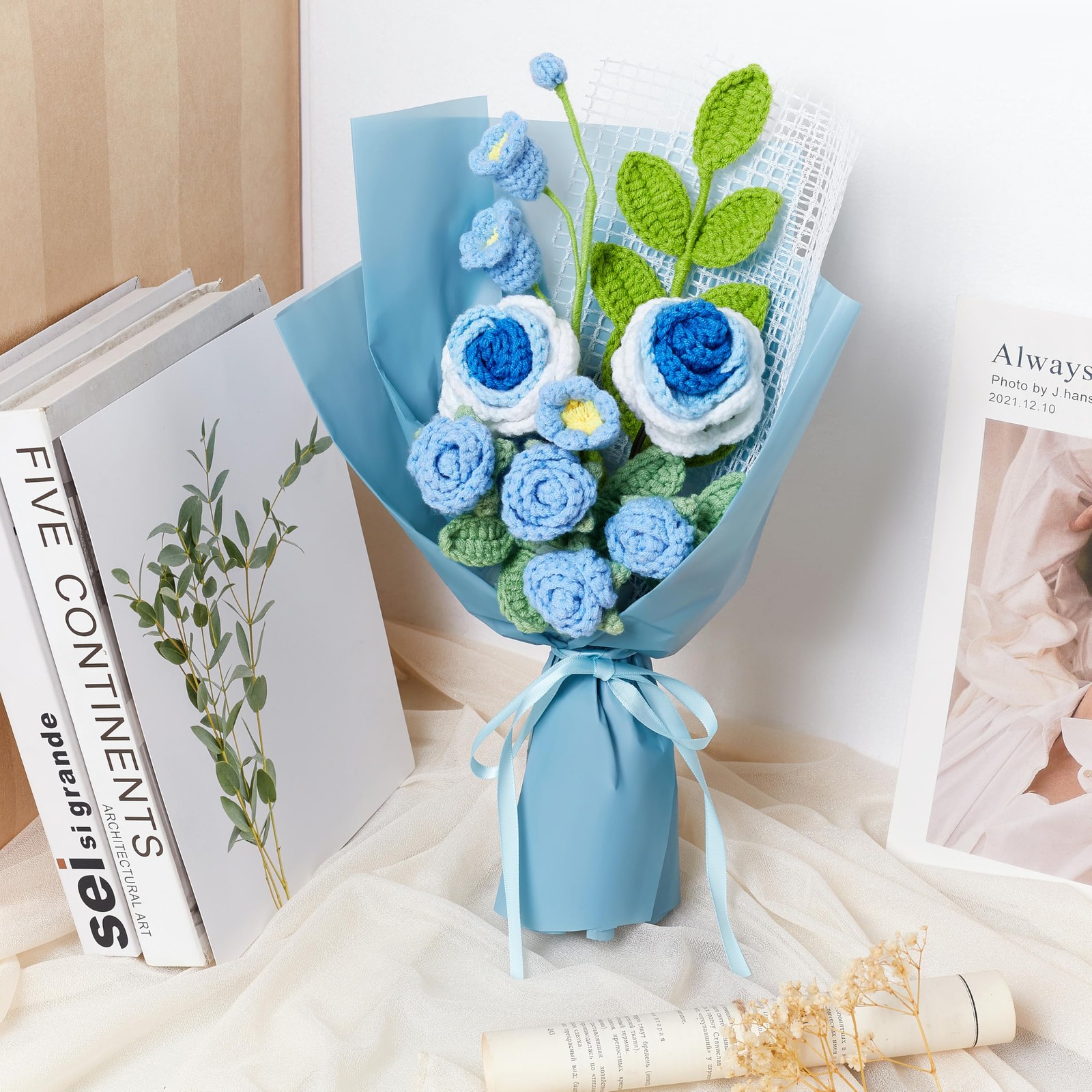 Crochet Flower Bouquet Blue Roses and Lily of the Valley Bouquet for Her, Han…