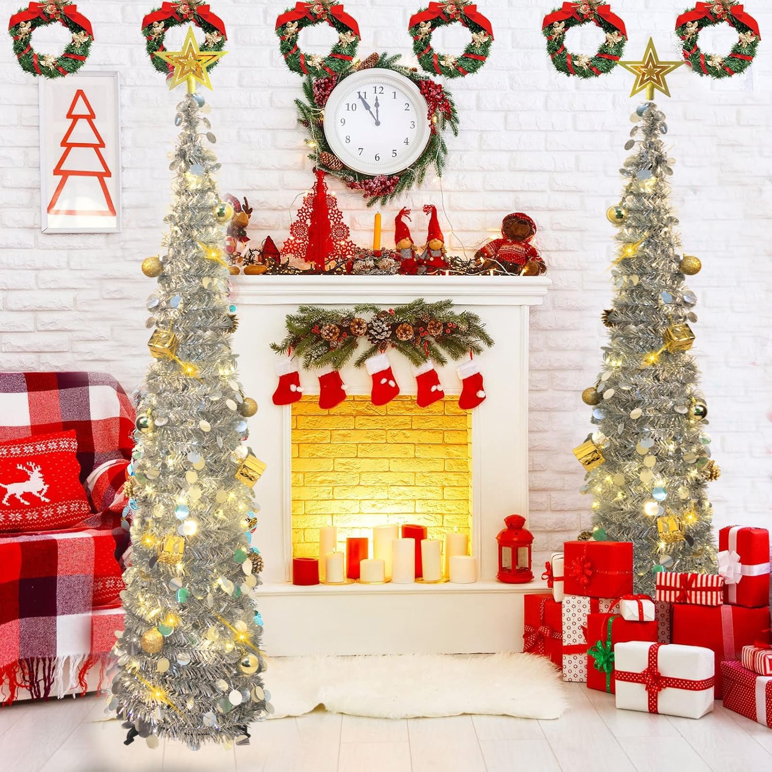 5FT Silver Pop Up Pencil Christmas Tree Lights Artificial Prelit Slim Decor