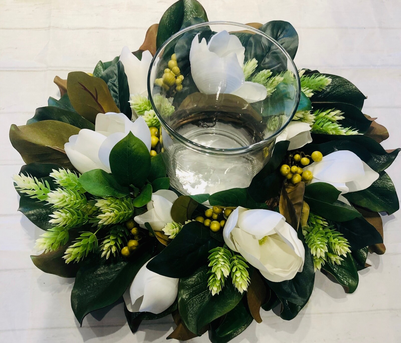 Hurricane Candle Ring, Handmade Candle  Wreath, Country Farmhouse Floral Wreath