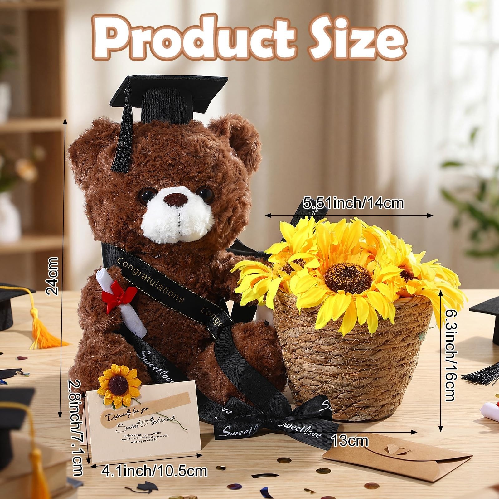 Graduation Bear with Sunflower Bouquet – Class of 2026 Stuffed Animal Gift, Cong