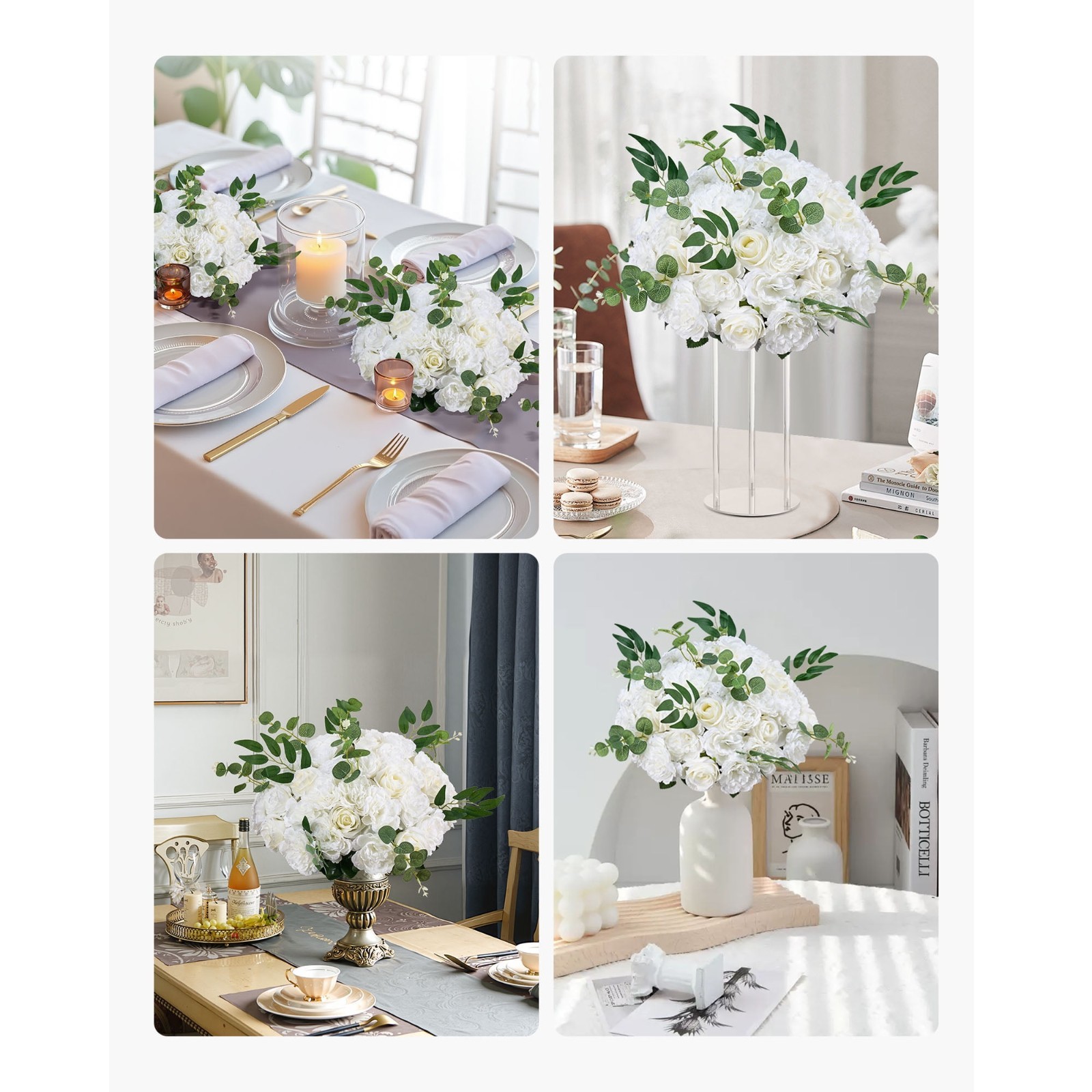Set of 10 Artificial Flower Balls 17.7 Inch White Rose Arrangements Faux Floral