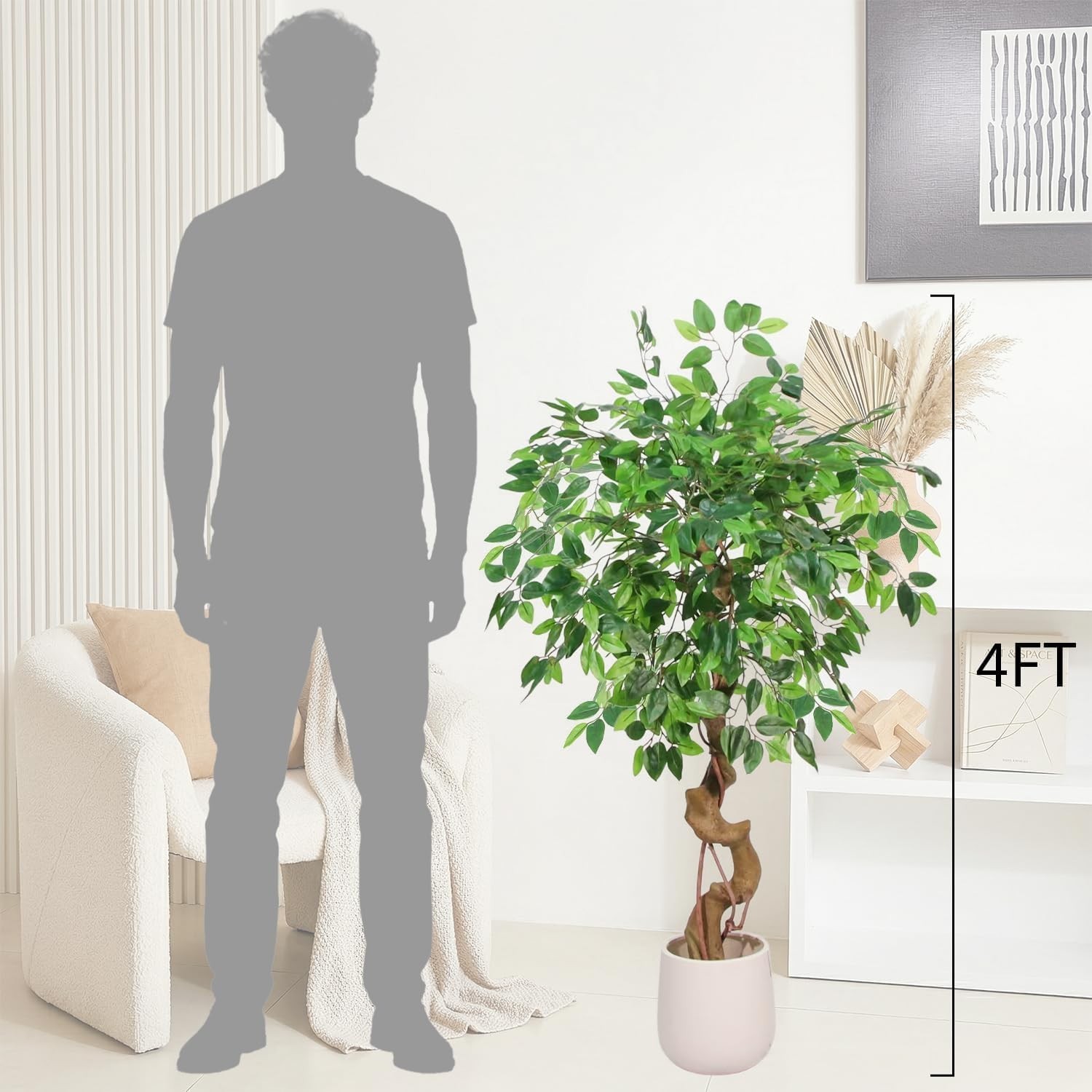 4FT Artificial Ficus Tree,Large Fake Tree with White Planter, Tall Faux Ficus…