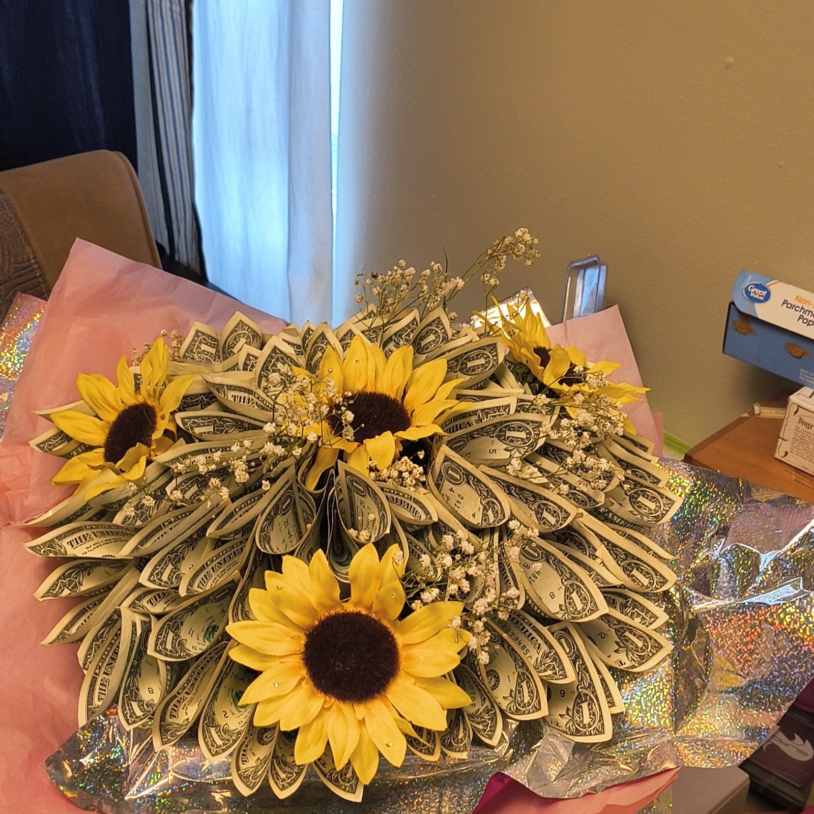 Sunflower REAL money flower bouquet decoratively wrapped with 70 real $1 bills