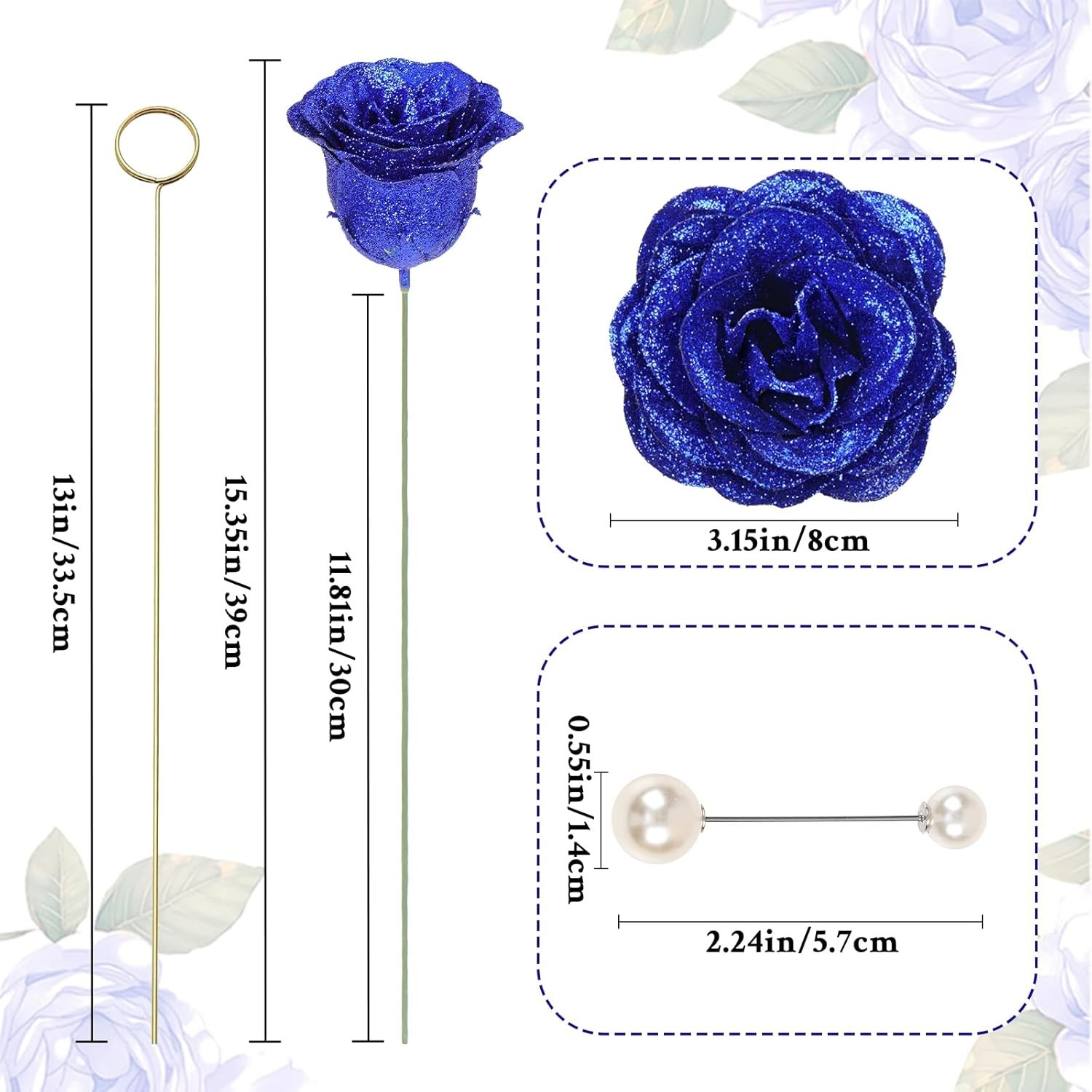 Blue Glitter Roses Bouquet, DIY Fake Flowers Bouquet, Everlasting Shiny Artifici
