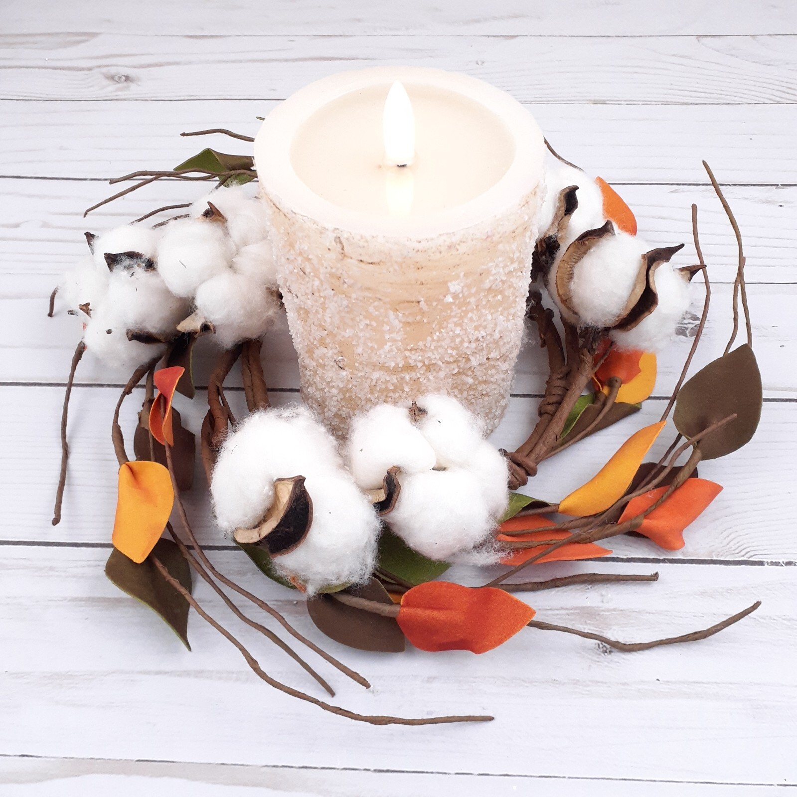 Fall Candle Ring Cotton Leaves 4 in Inside 9.5 in Overall