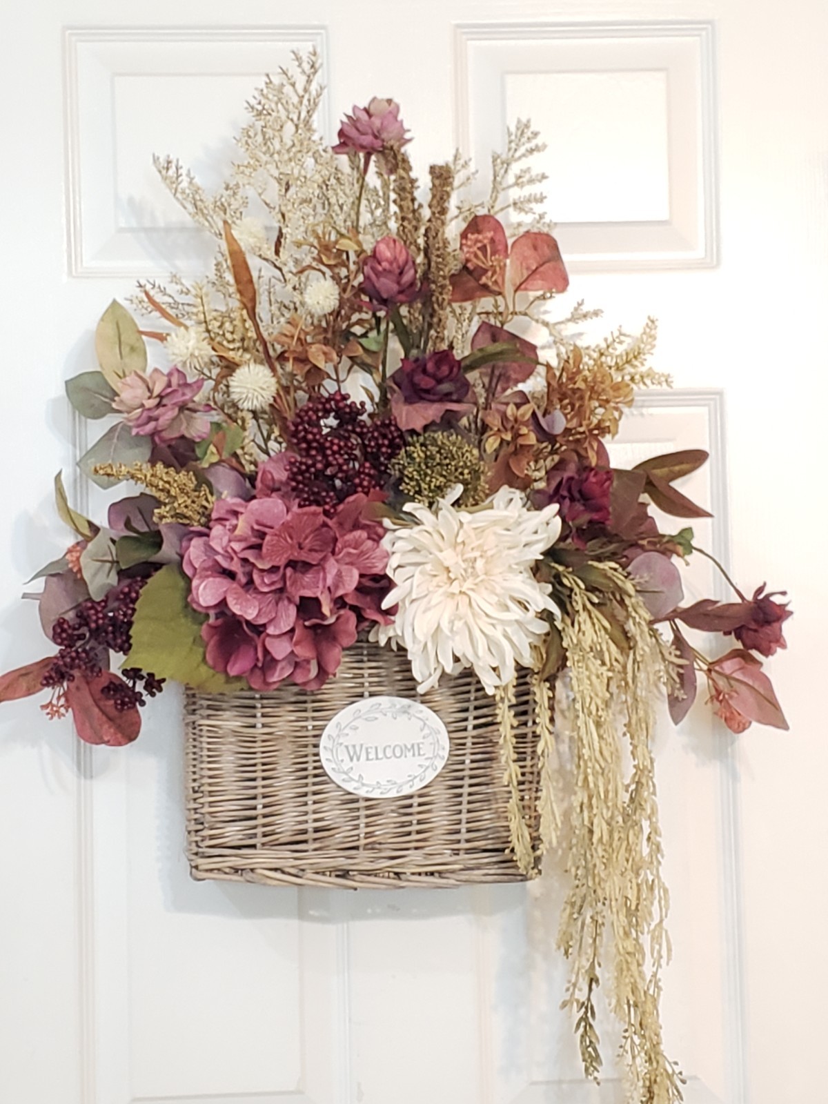24″ Fall Wicker Wall Basket, Burgundy Cream Silk Floral Arrangement Autumn Porch