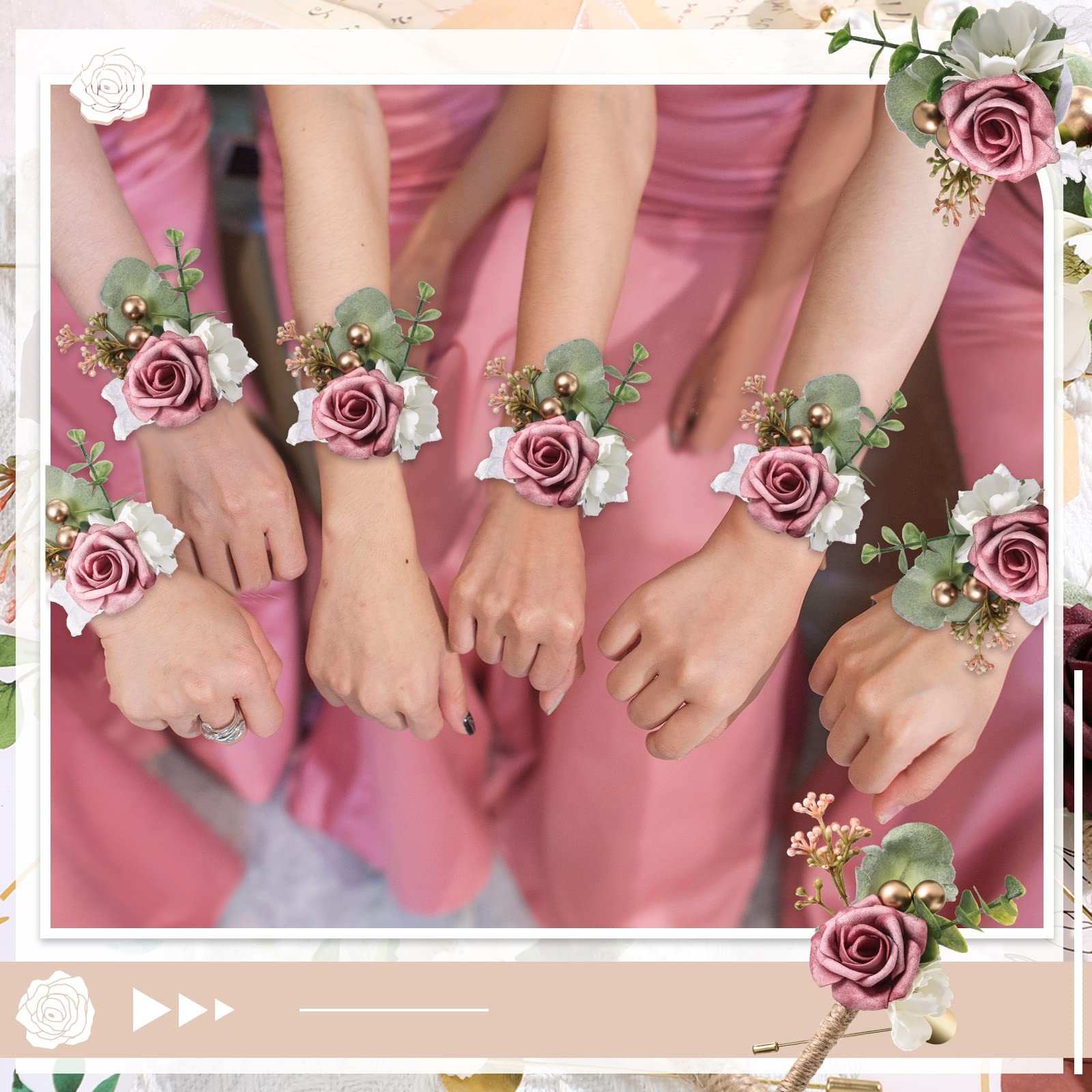 12 PCS Dusty Rose Wrist Corsage Boutonniere Set Wedding Prom Flower Suit Decor
