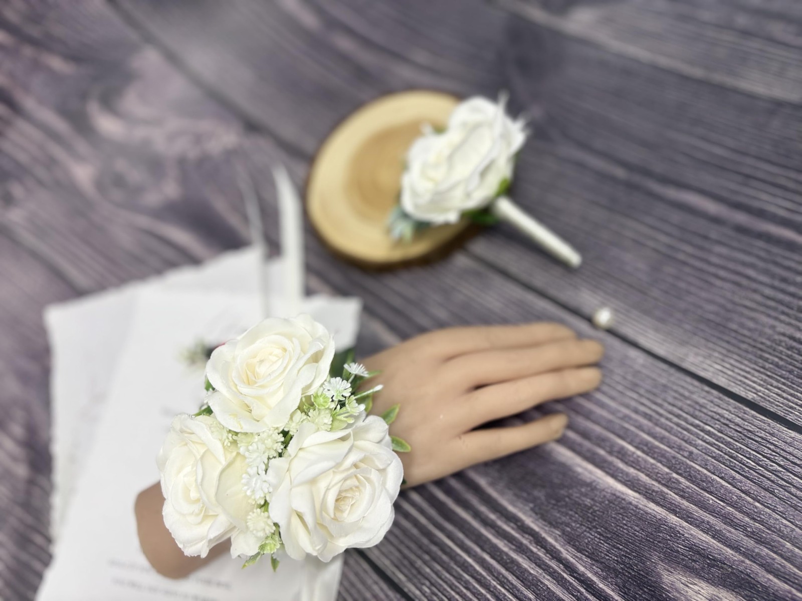 White Rose Corsage and Boutonniere Set with Green Leaves for Wedding Flower A…