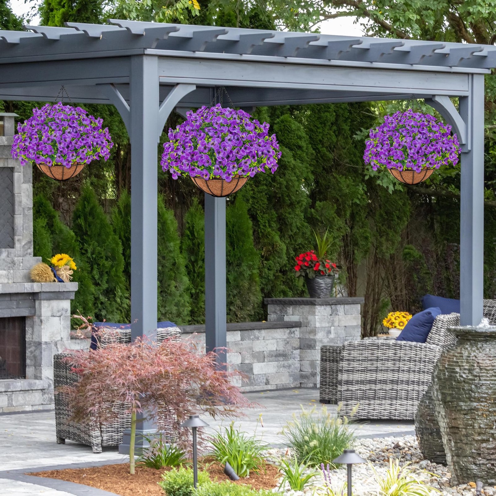 Artificial Hanging Pansy Flowers with Baskets for Outdoors, Purple