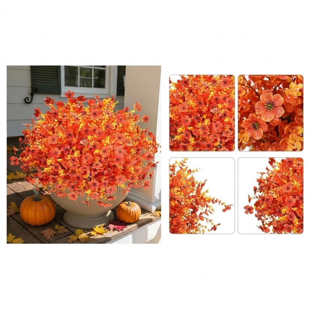 12 Pack Artificial Orange Mums For UV Resistant Autumn Flowers 35cm Plastic