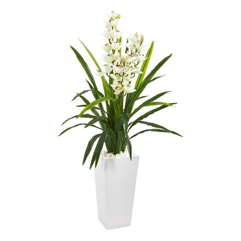 Nearly Natural 4.5ft Cymbidium Orchid Artificial Plant in White Tower Planter