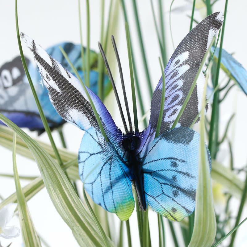 Set of 2 Whispy Artificial Blue Butterfly Grass Bushes for Home Decor