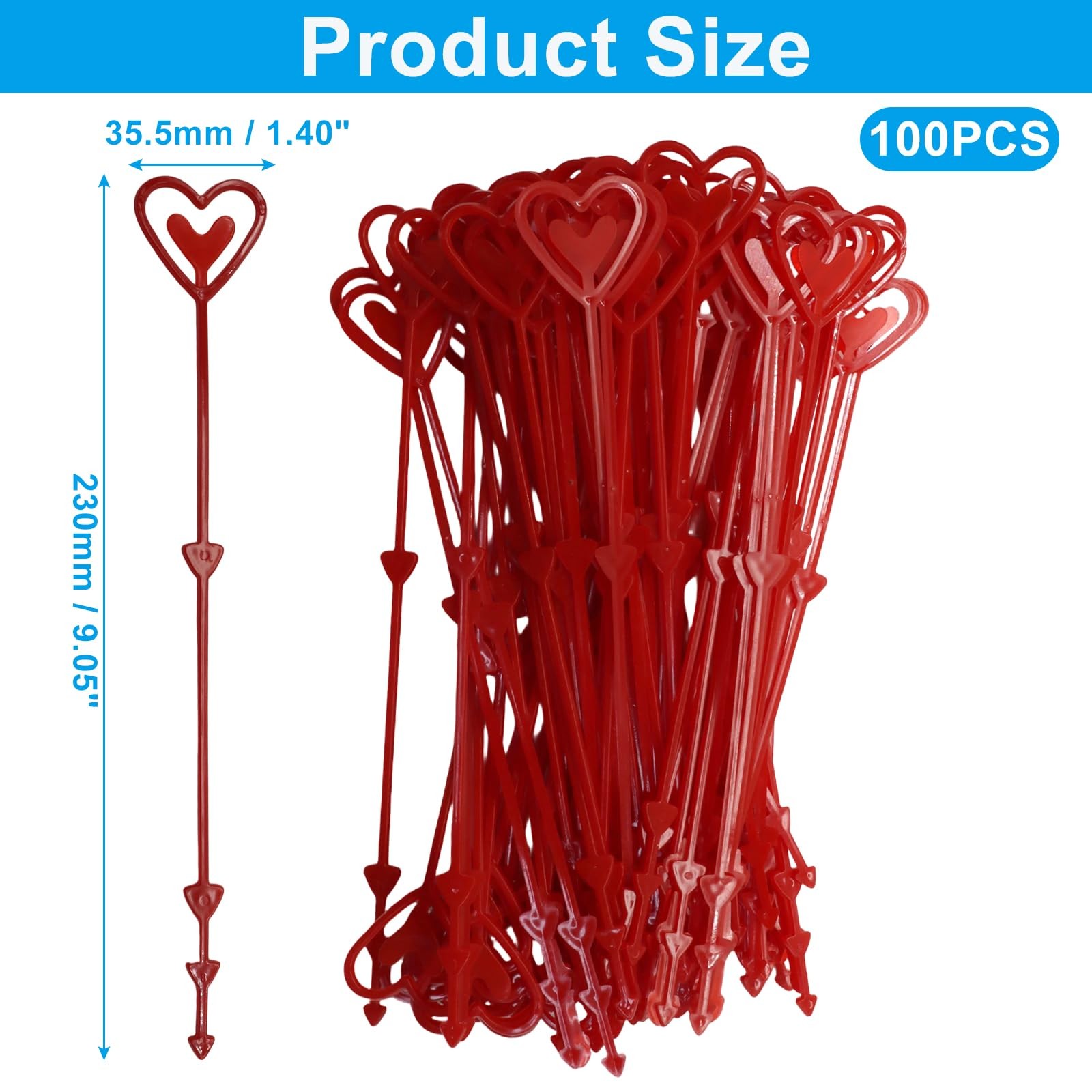 Floral Pick Card Holder, 100 Pack 9.05 Inch Red Heart Shape Plastic Flower Pi…