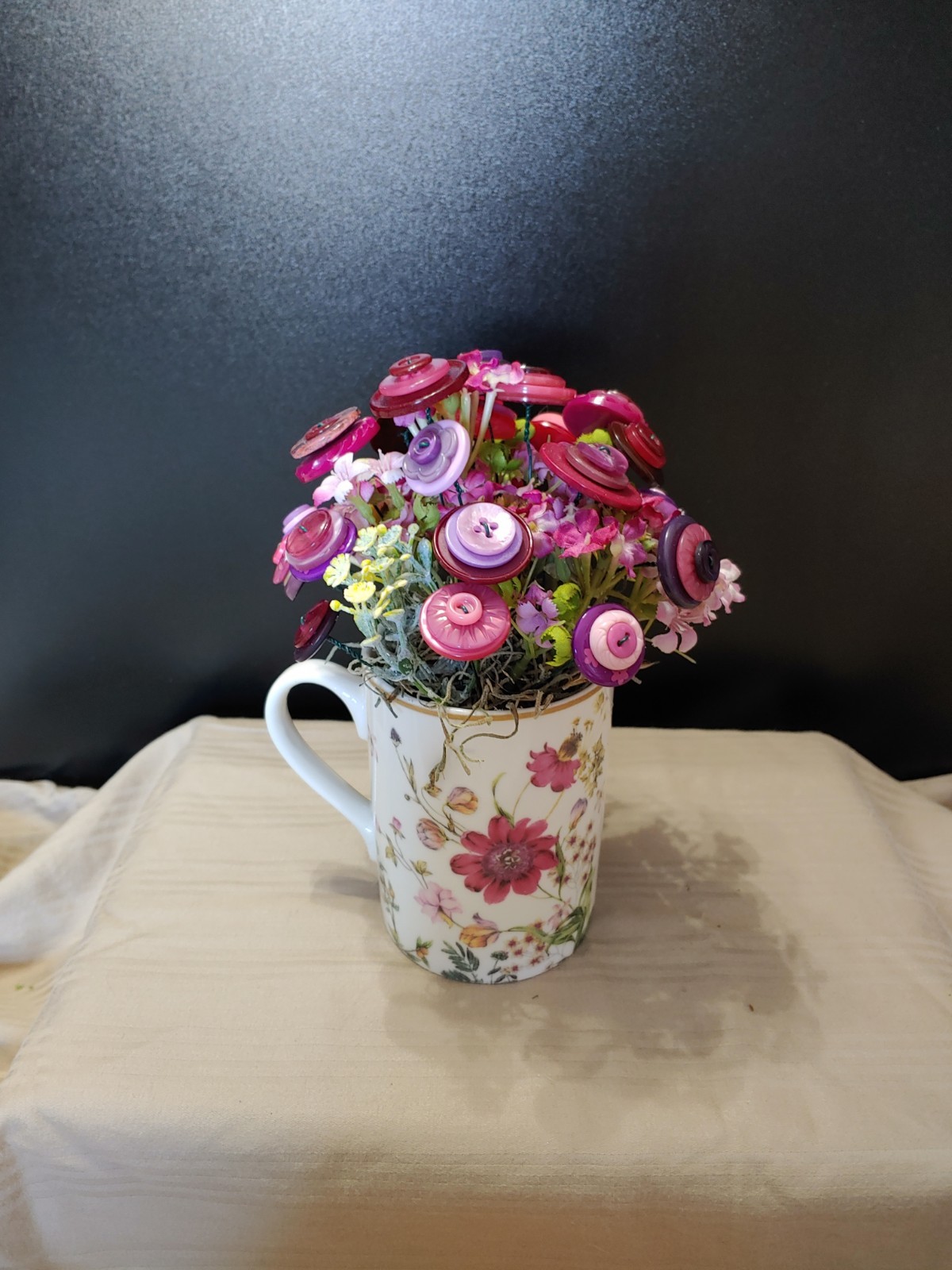 delicate floral mug with pink purple yellow BUTTON BOUQUET