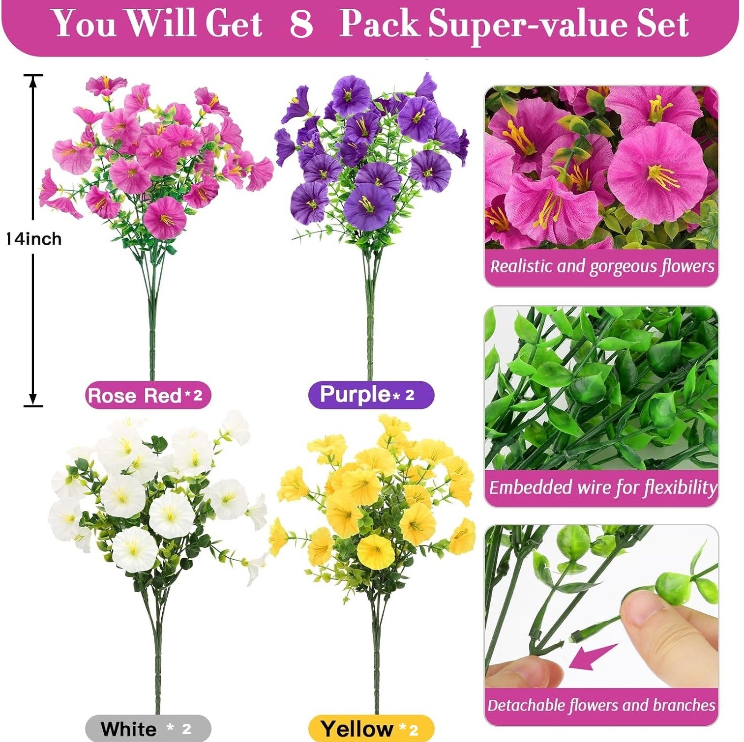 16× Artificial Flowers Realistic Fake Silk Morning Glory Outdoor UV Resistant US