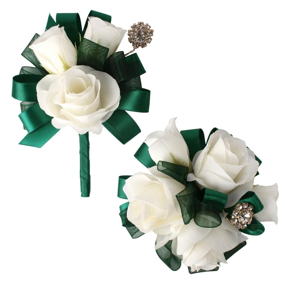 Ivory Rose Wrist Corsage Boutonniere Set Artificial Flower Wedding Prom Green