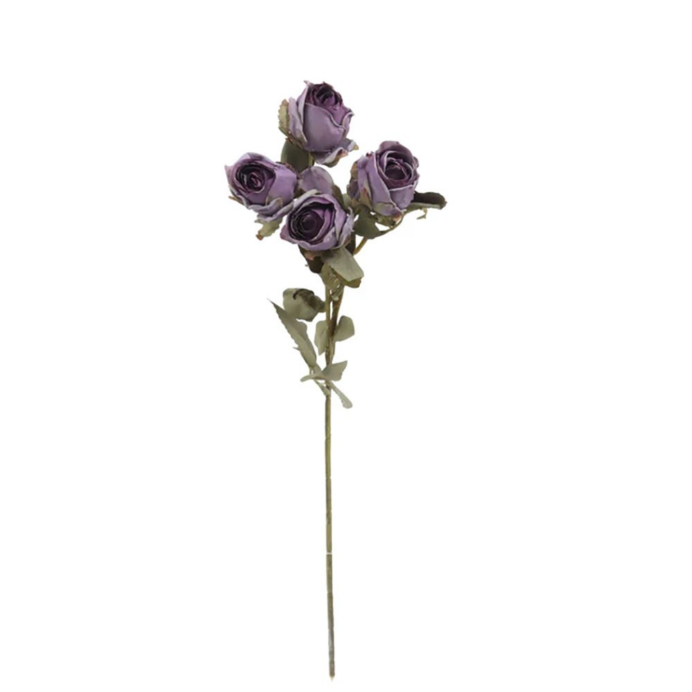 Dry Look Faux Silk Rustic Rose Flower and Leaf Stem 5 Heads 43cm/17in Purple