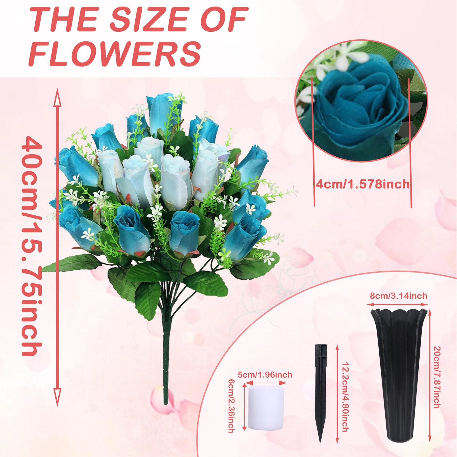 2 PCS Artificial Cemetery Flowers Deep Blue White Memorial Bouquet Vase Spike