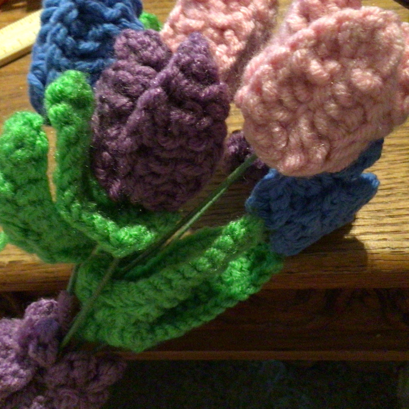 Crochet Flowers Bouquet, Pink, purple, blue, & green with wire stems